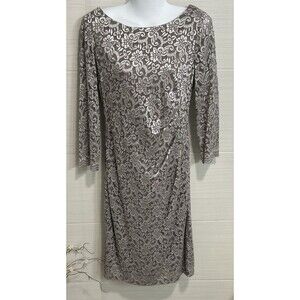 Jessica Howard Champagne Taupe Lace 3/4 Sleeve Sheath Dress 6, Feminine Cocktail